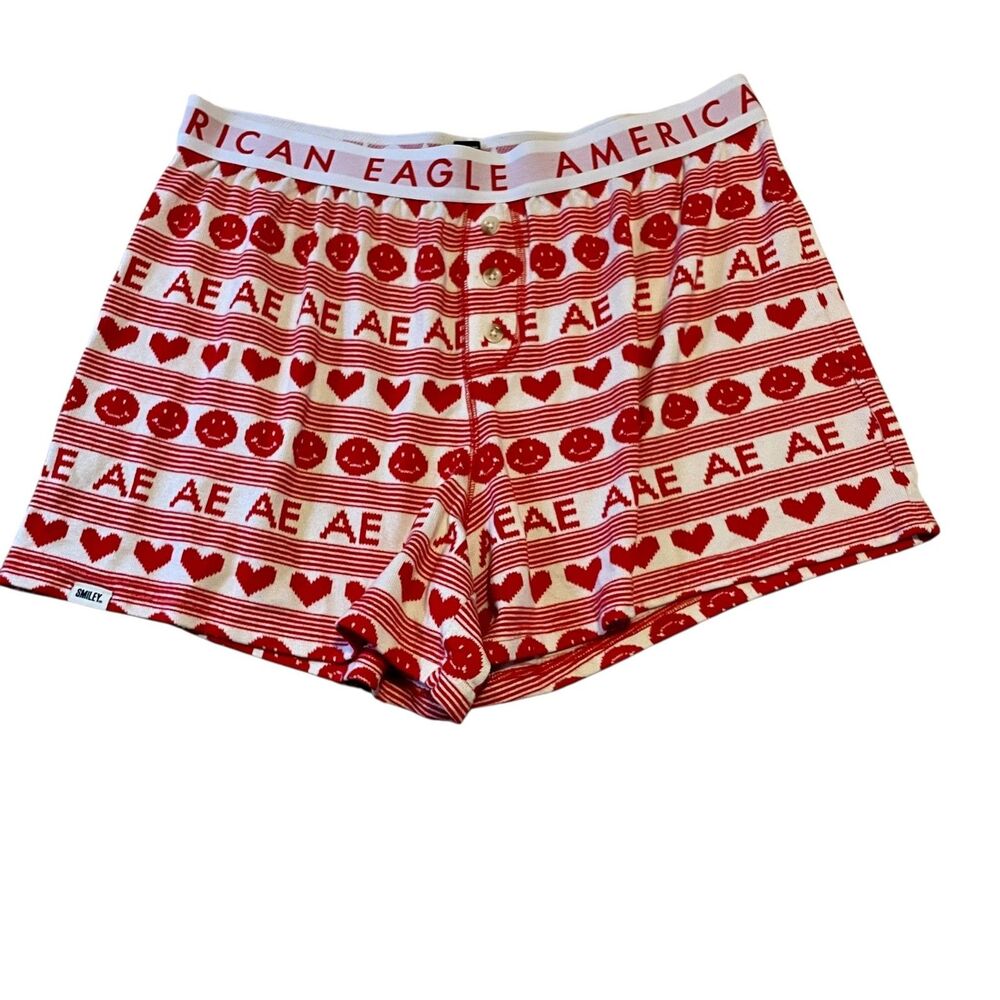 American Eagle Shorts Womens Lounge Sleep Pajama Red White AE Hearts Smiley L